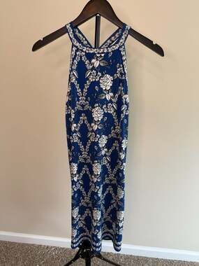 Max Studio Halter Neck Blue White Floral Print Midi Dress XS